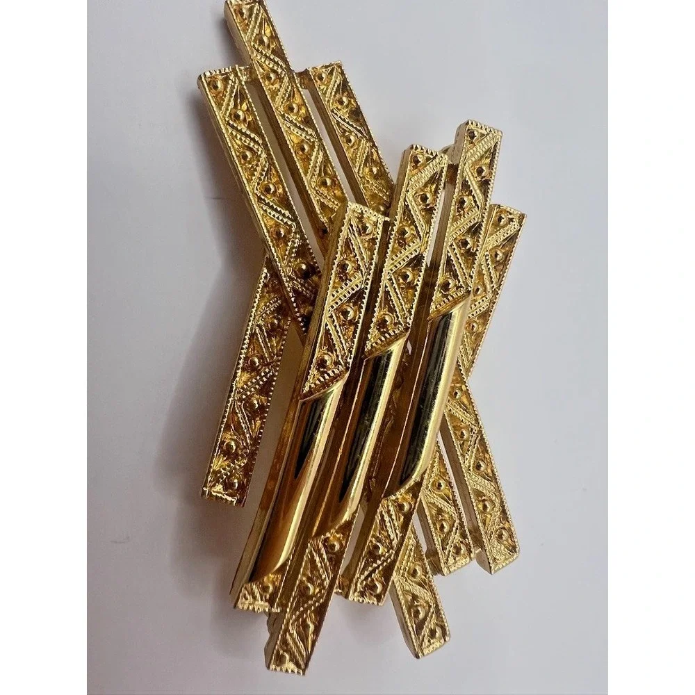 Monet Gold Brooch Abstract‎ Textured Bars Modernist Pin Vintage Signed Statement